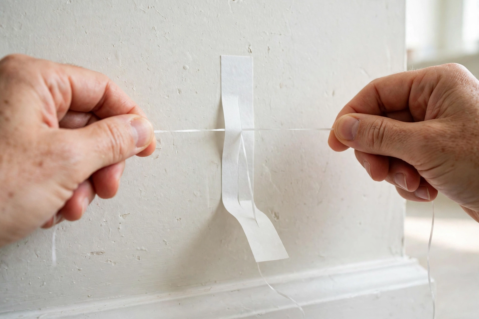 Dental floss sawing behind a Command strip with a broken tab