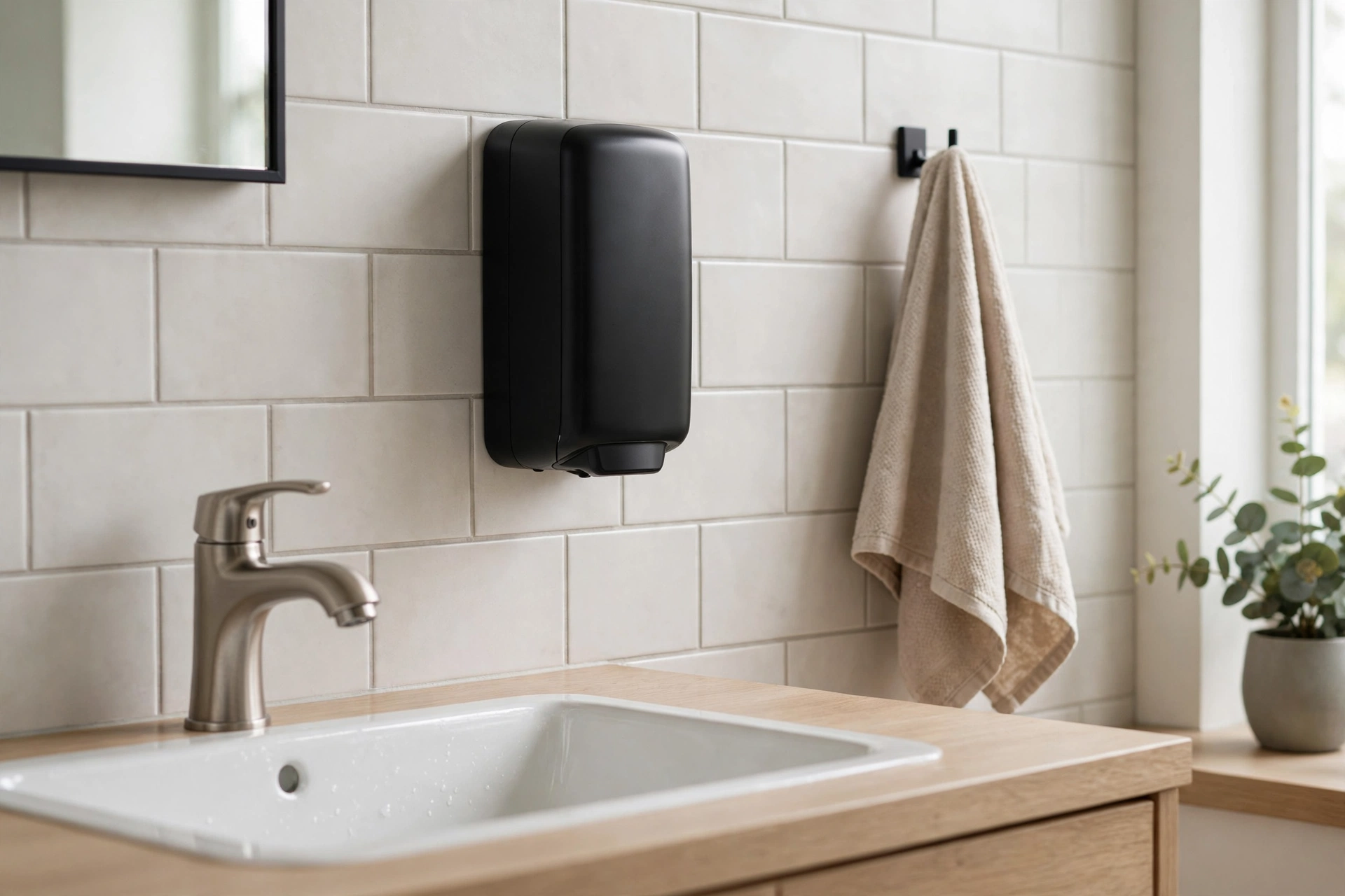 SVAVO black wall-mounted automatic soap dispenser on a tiled bathroom wall