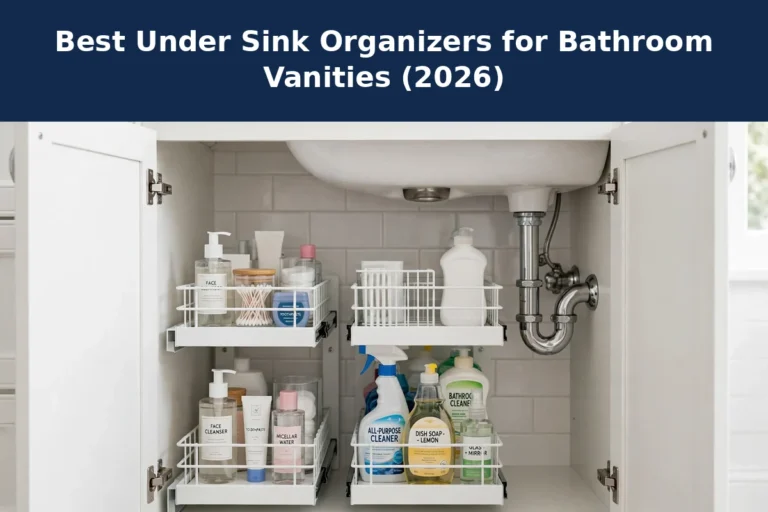 Open bathroom vanity cabinet with white pull-out wire organizers holding toiletries and cleaning supplies under the sink